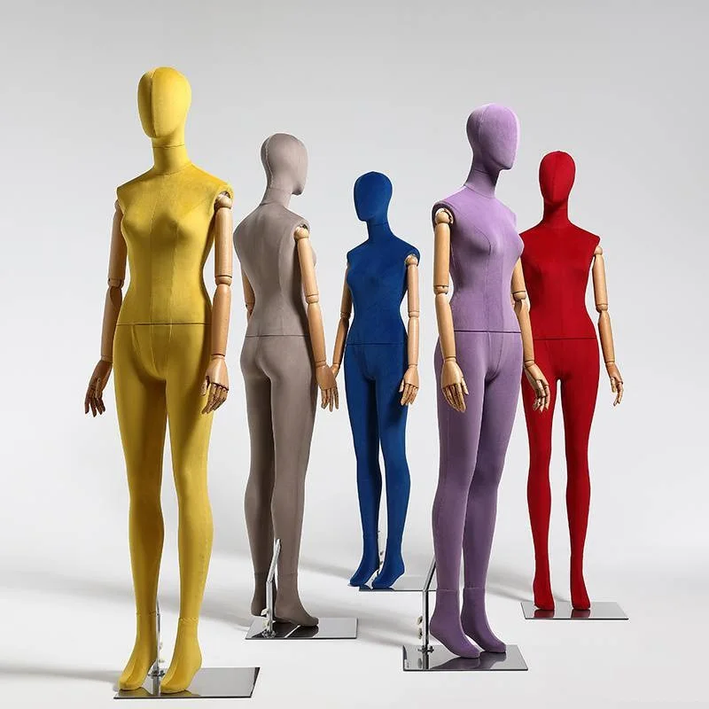 Dress Form Fabric Cover Female Full Body Mannequin with Wooden Arm Iron Stand Hip Torso For Window Clothing Display
