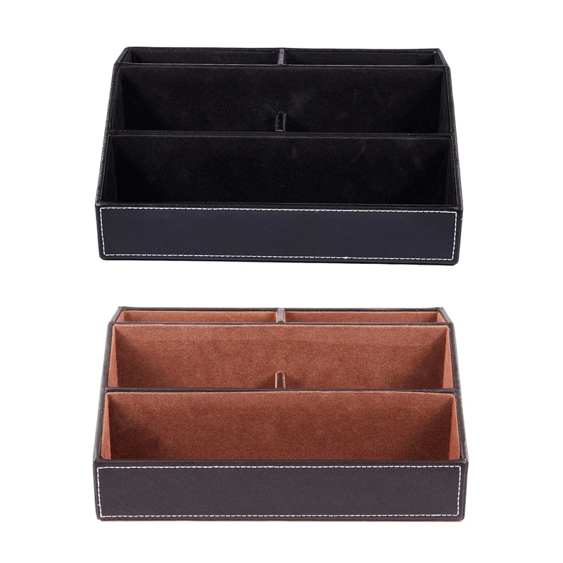

2 Pcs Home Office Wooden Struction Leather Multi-Function Desk Stationery Organizer Storage Box Brown & Black