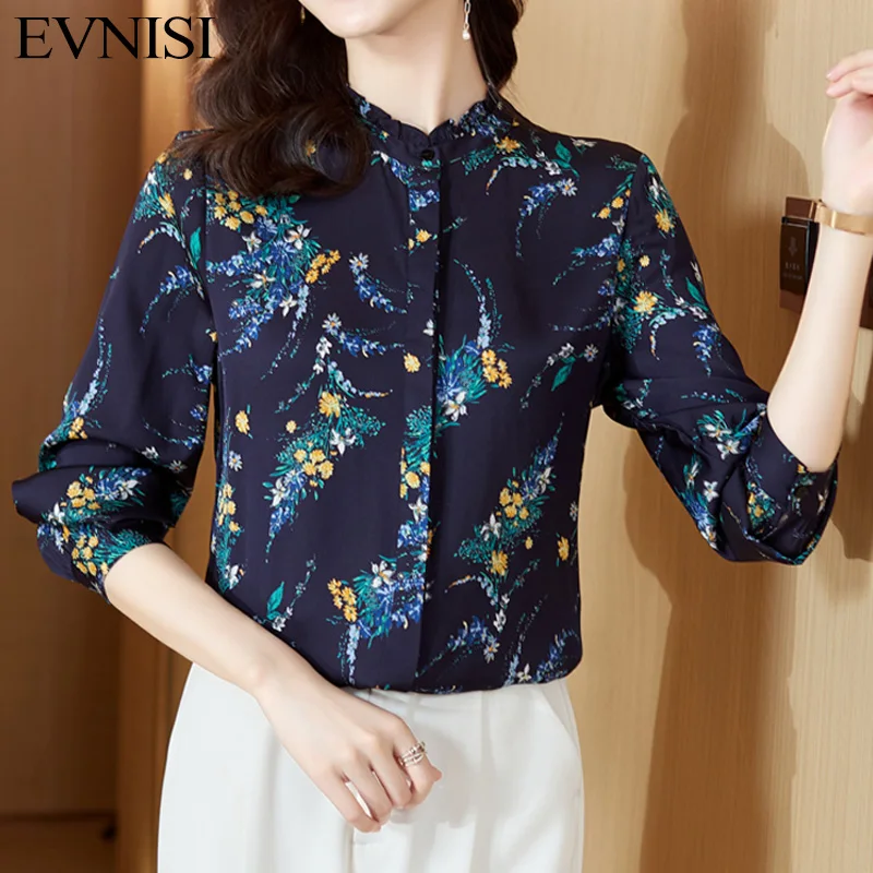 

EVNISI Silk Print Elegant Blouses Women 2022 Autumn Temperament Ruffled Chiffon Floral Loose Office Lady Tops