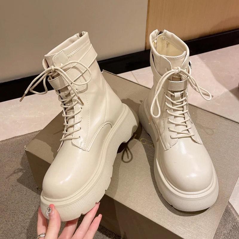 

2022 Spring and Autumn New British Style Women's Boots Muffin Thick Bottom All-match Rear Zipper Solid Color Short Boots Women