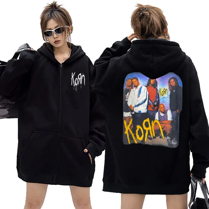 

90s American Rock Band Korn ISSUES Zipper Hoodie Metal Gothic Sweatshirt Men Women Vintage Oversized Zip Up Jacket Streetwear