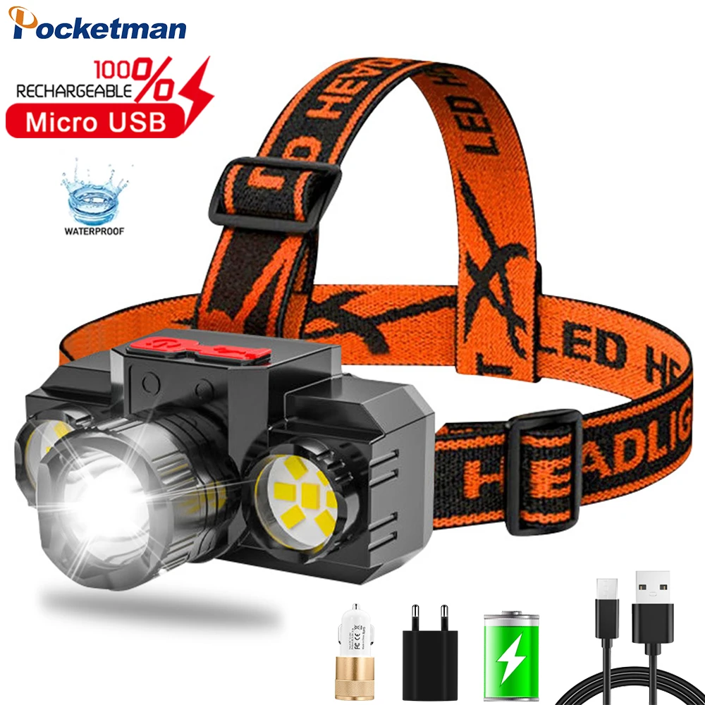 

Мощный светодиодный налобный фонарь с зарядкой от USB, OSL светодиодный + двухсторонний фонарь, 4 режима, водонепроницаемая головная лампа со в...