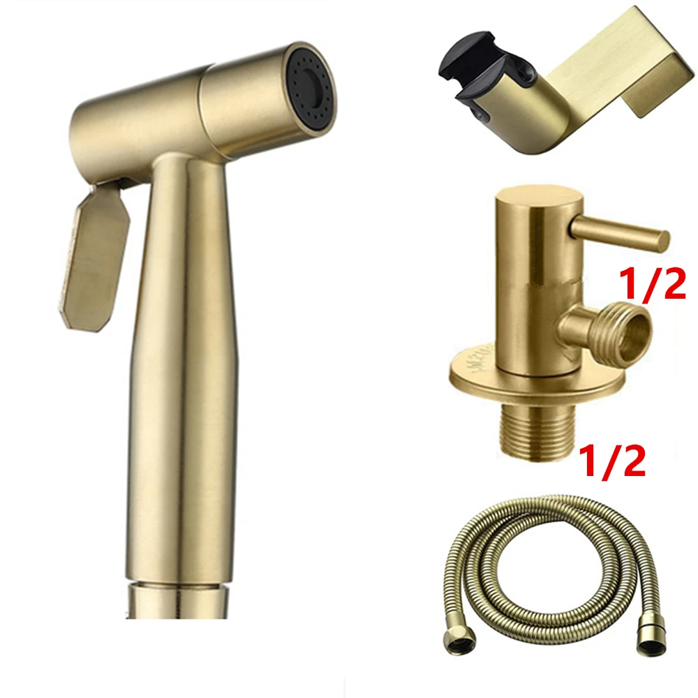 

Brushed Golden Douche Kit Hand Held Bidet Sprayer Stainless Steel Toilet Bidet Faucet Valve Jet Set Hygienic Shower Bathroom