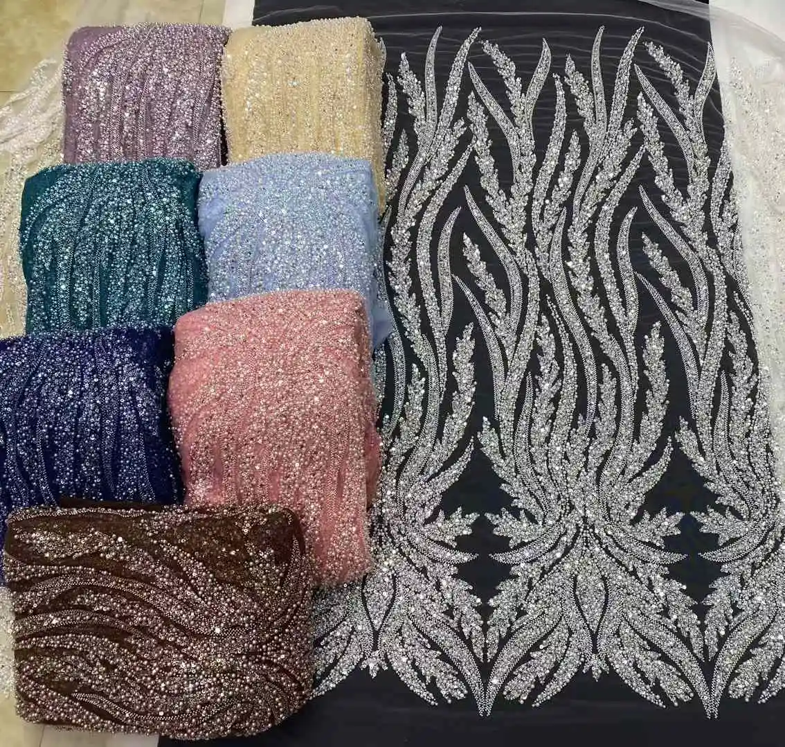 Роскошная сетчатая кружевная ткань с африканскими бусинами 2024 вышивка бисером и