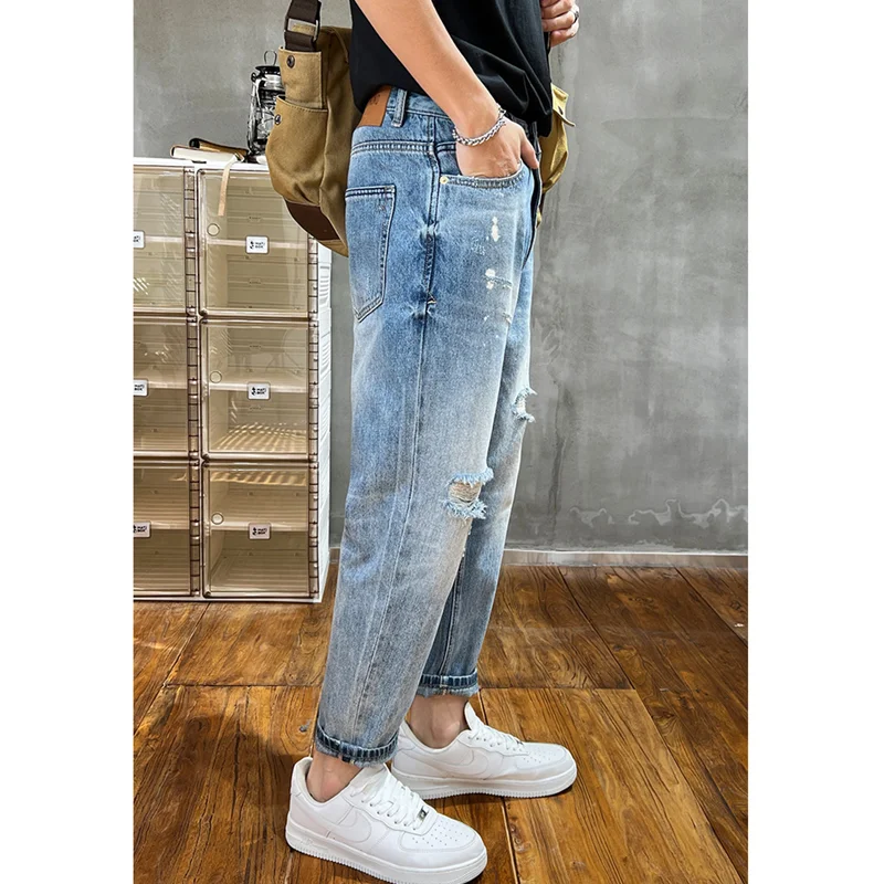 Streetwear Men 2022 New Pattern Recreational Black Ripped Ninth Pants Straight Cylinder Comfortable Loose Jeans Autumn Female