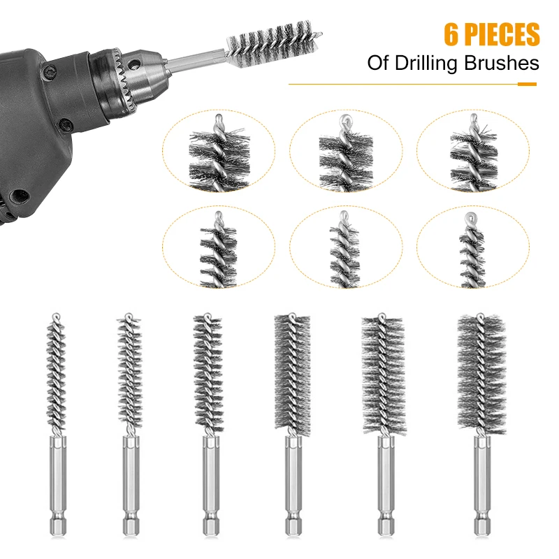 

6pcs 8/10/12/15/17mm Wire Tube Cleaning Brush Machinery Paint Remover Rust Cleaner Metal Handle Chimney Washing Polishing Tools