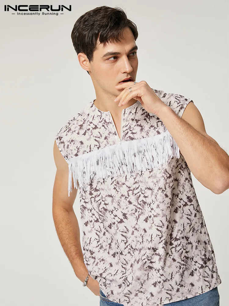 

Casual Well Fitting Men White Tassel Printing All-match Waistcoat Stylish Male Hot Sale Sleeveless Vests S-5XL INCERUN Tops 2022