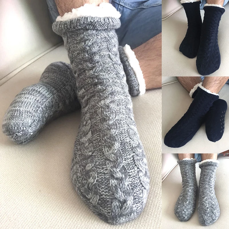 New Men Indoor Floor Socks Shoes Men Winter Fur Slippers Men Warm Thicken Plush Solid Bedroom Slippers Flip Flops Anti-Slip