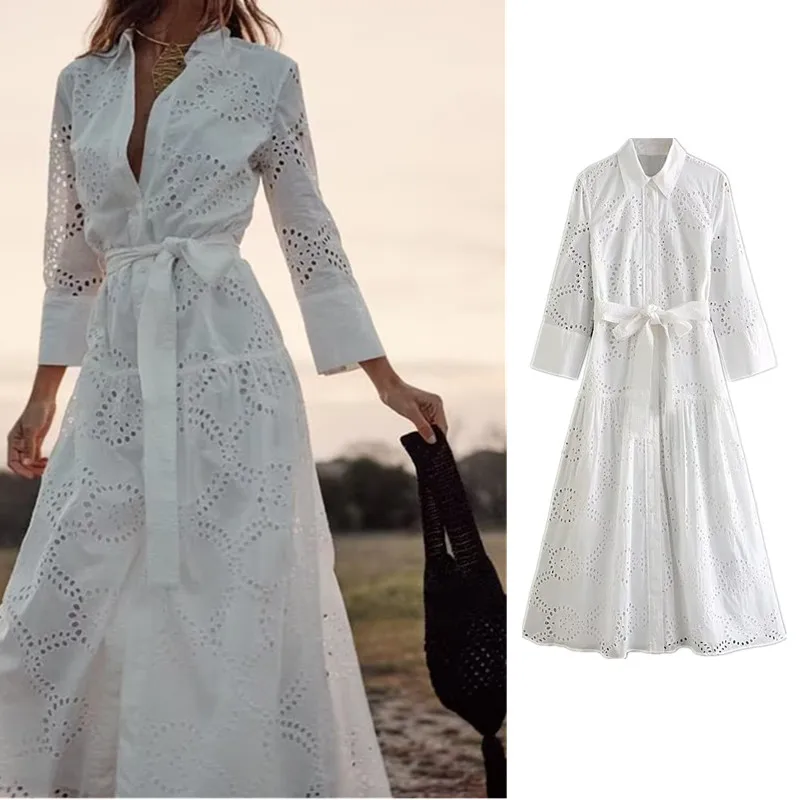 

PB&ZA summer new women's French simple white belt decoration hollow embroidery midi shirt long dress 2895/994