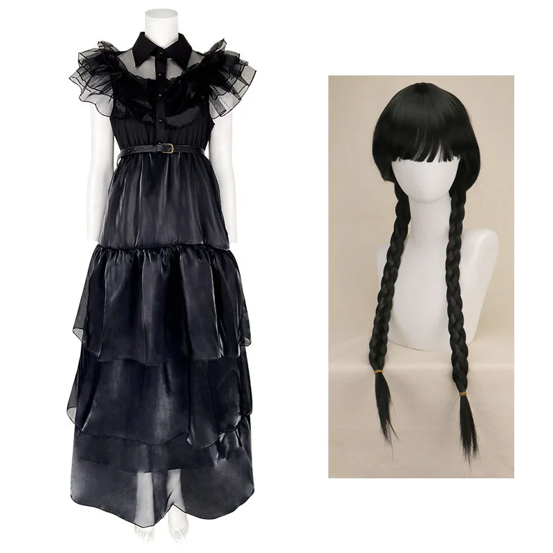 TV Drama Wednesday Cosplay Dresses Addams Costumes Adults And Children Halloween Party Prom Dress Wednesday Wig Headgear