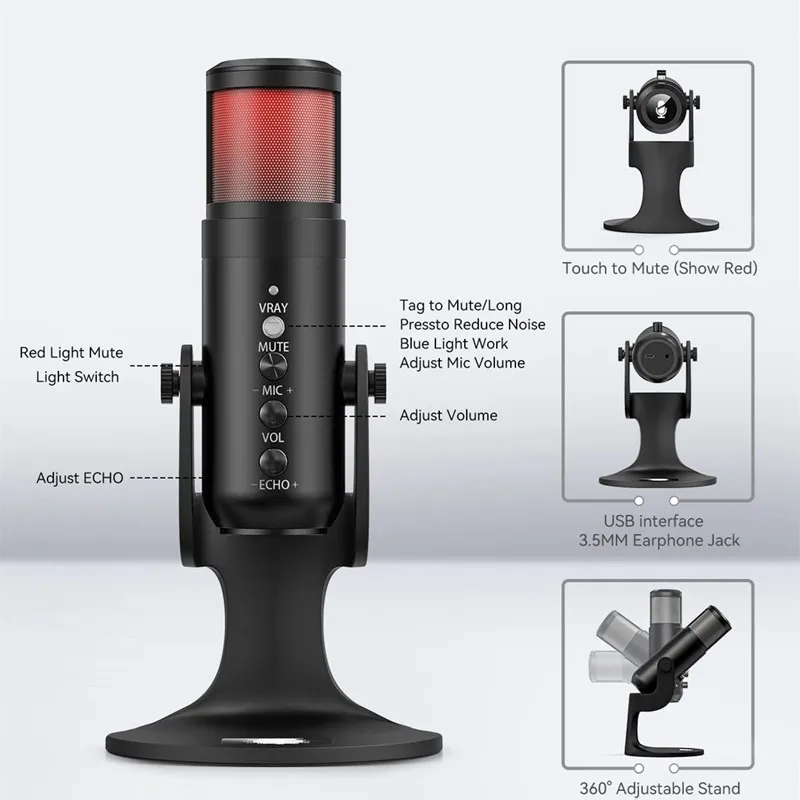 Конденсаторный USB-микрофон с подсветкой типа C микрофон для телефона ПК прямой