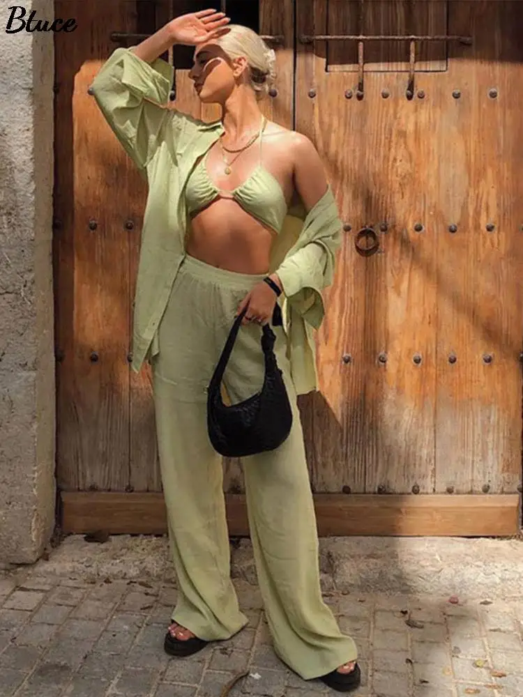 

Sexy Green Blouse Crop Top 3 Piece Pants Set Women Fashion Wide Leg Trouser Suits Female Casual Loose High Waist Pants Outfit