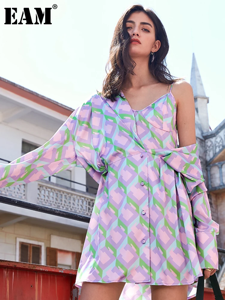 

[EAM] Women Purple Pattern Printed Split Big Size Dress New Lapel Long Sleeve Loose Fit Fashion Spring Summer 2022 1U689