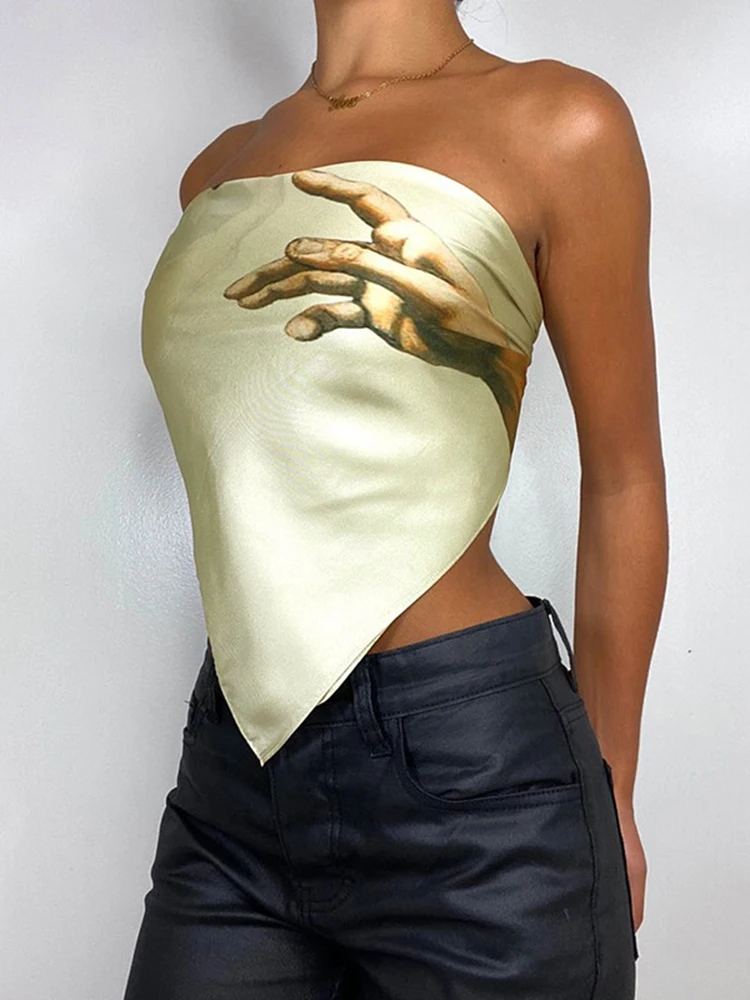 

Summer Fashion Painting Print Tube Top for Women Sleeveless Backless Wrap Off Shoulder Crop Tops Club Streetwear