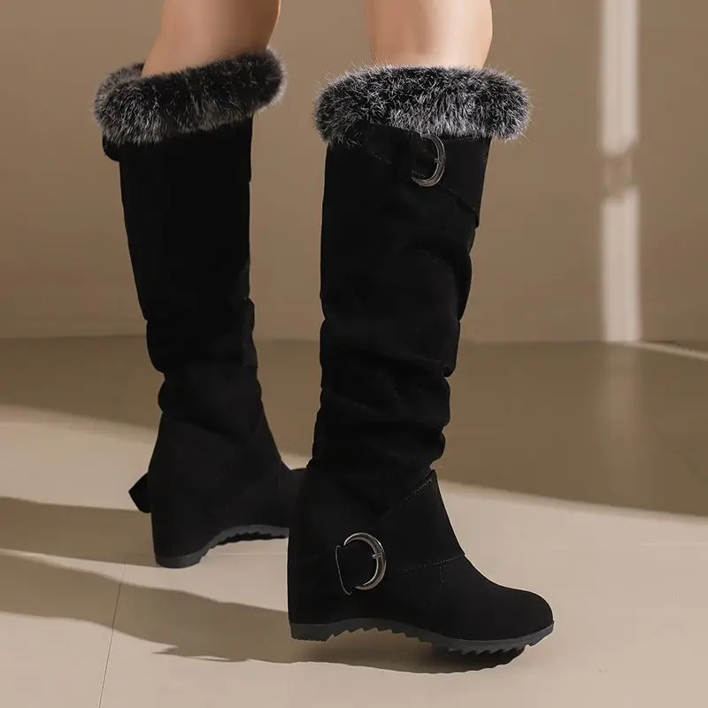 ASILETO Модные женские сапоги до колена из флока замши круглые ботинки на танкетке 7