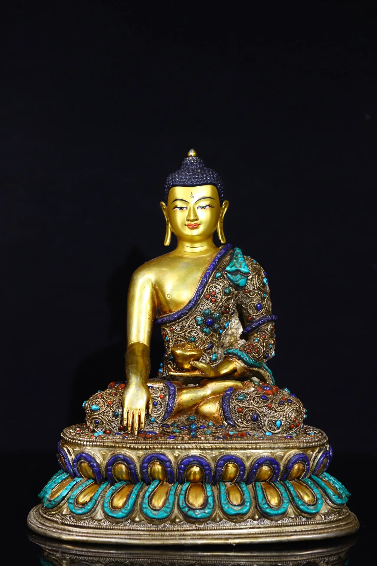 

11" Tibetan Temple Collection Old Bronze Tibetan silver Outline in gold Gem Turquoise Shakyamuni lotus platform worship buddha