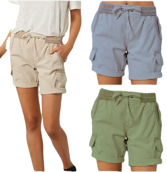 

Шорты-карго Женские однотонные, модные пляжные, хлопково-льняные дышащие, с эластичным поясом, летние