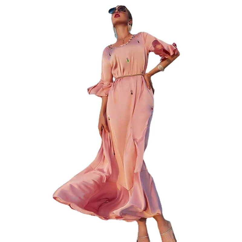 Купи Dubai Luxury Evening Dresses For Women 2022 Muslim Long Sleeve Wedding Party Gown Arabic Turkey Islam Clothing Pink Robe Femme за 1,082 рублей в магазине AliExpress