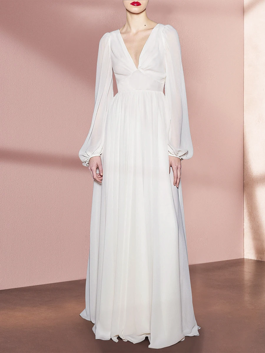 

Женское винтажное шифоновое платье, длинное белое платье с V-образным вырезом и рукавами-фонариками, новинка 2023