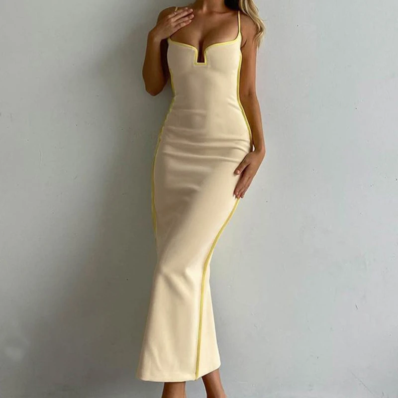 

2022 Summer Midi V Neck Y2K Sexy Women Dress Sleeveless Elegant Off Shoulder Backless Bodycon Dresses Party Club