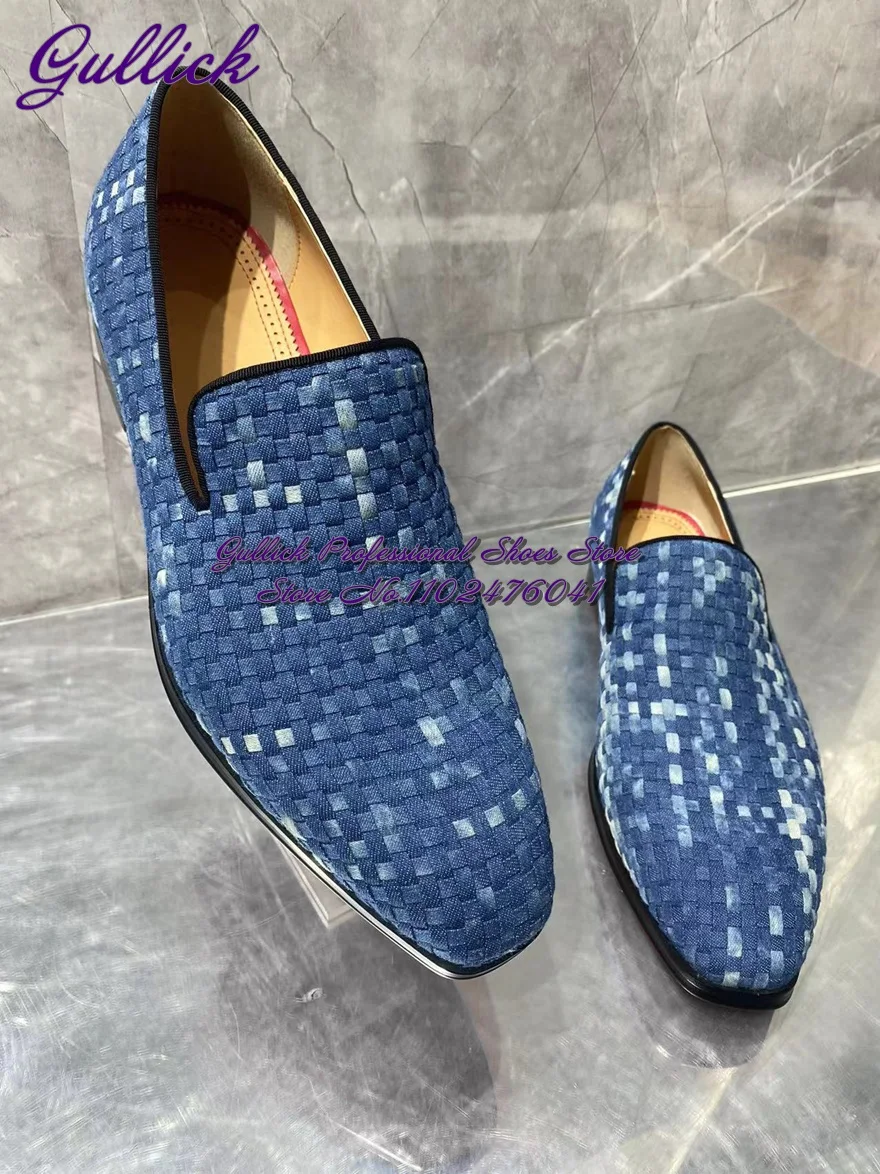 Туфли Gulick мужские синие плетеные под джинсовую ткань лоферы без застежек