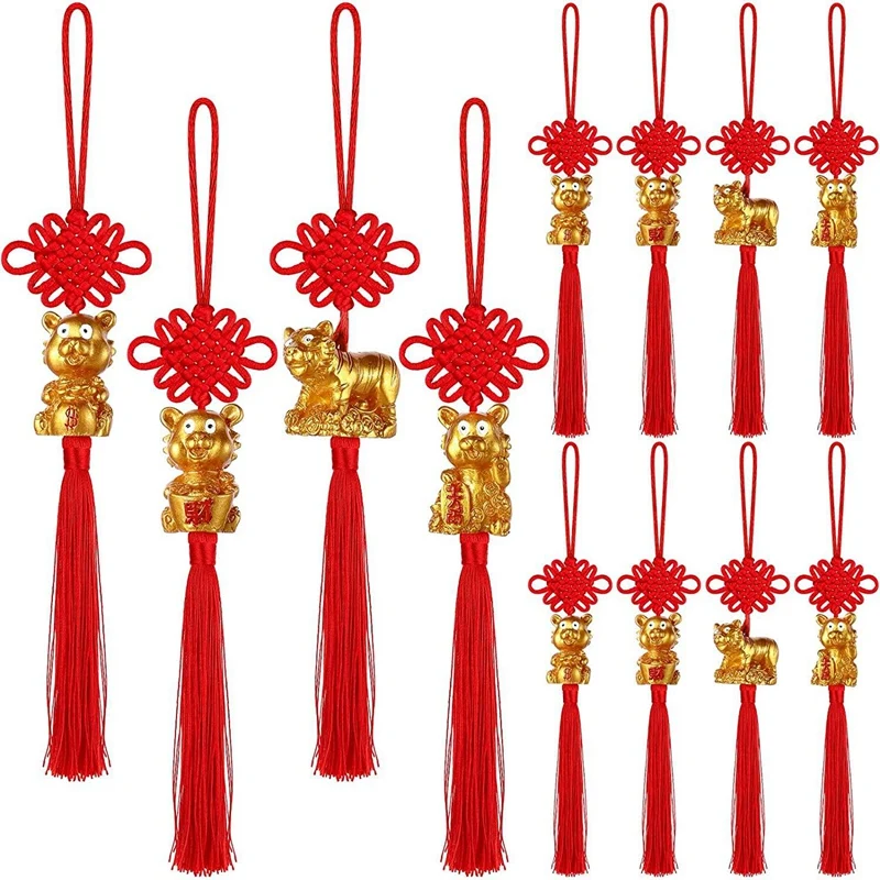

12 PCS Chinese Knot Pendant Tassel Hanging Decorations New Year Tiger Lucky Charms Feng Shui Decor For Home Office