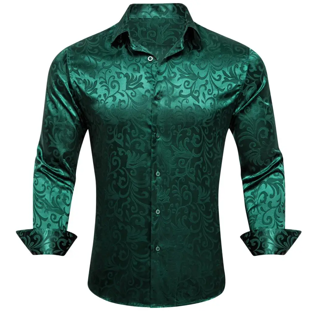 

Designer Shirts for Men Silk Long Sleeve Dark Green Floral Slim Fit Male Blouese Casual Tops Formal Breathable Barry Wang