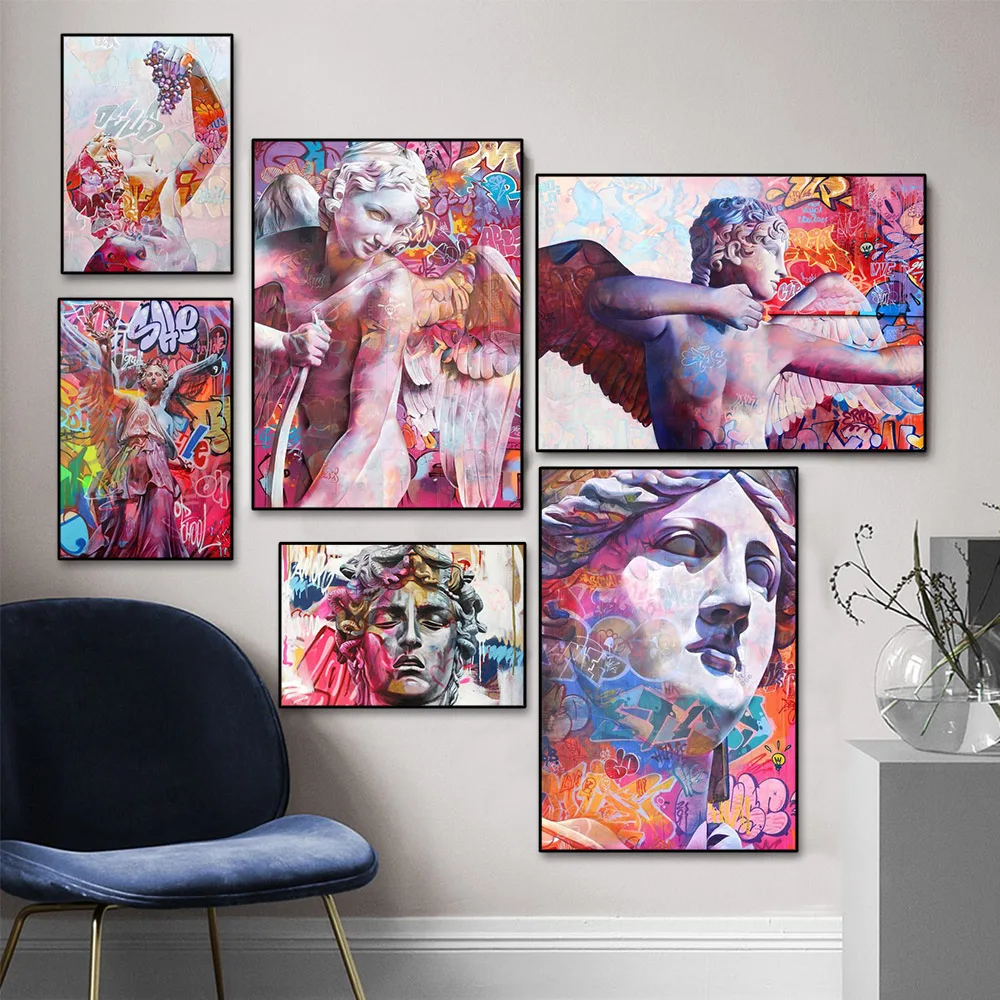 

Nordic Graffiti Sculpture Colourful Street Art Canvas Prints God Abstract Poster Painting Greek Mythology For Home Wall Decor