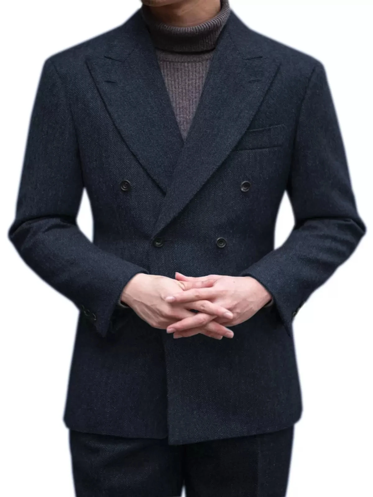 Men's Double Breasted Herringbone Suit Custom Wedding Business Best Male Blazer 2 Piece Set Jacket + Pants