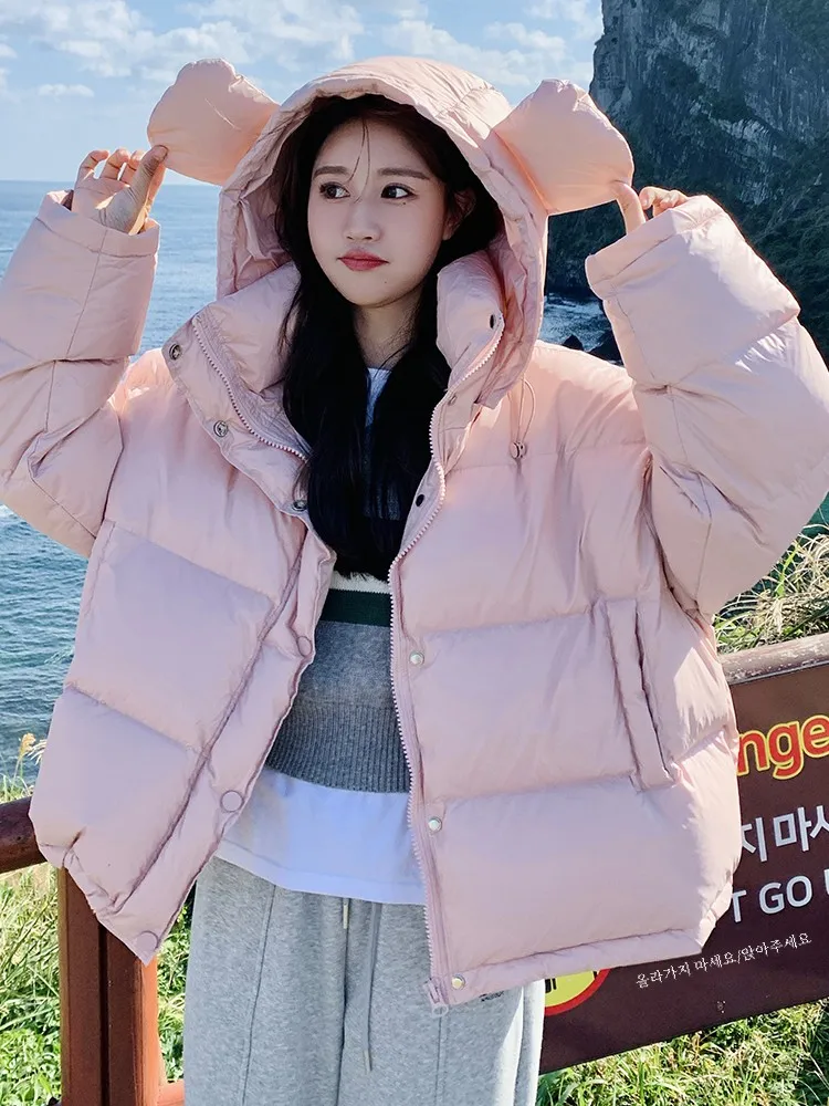 Pink Preppy Hood Down jacket Women Winter 2024 New High Sense Short Small White Duck Down Outerwear