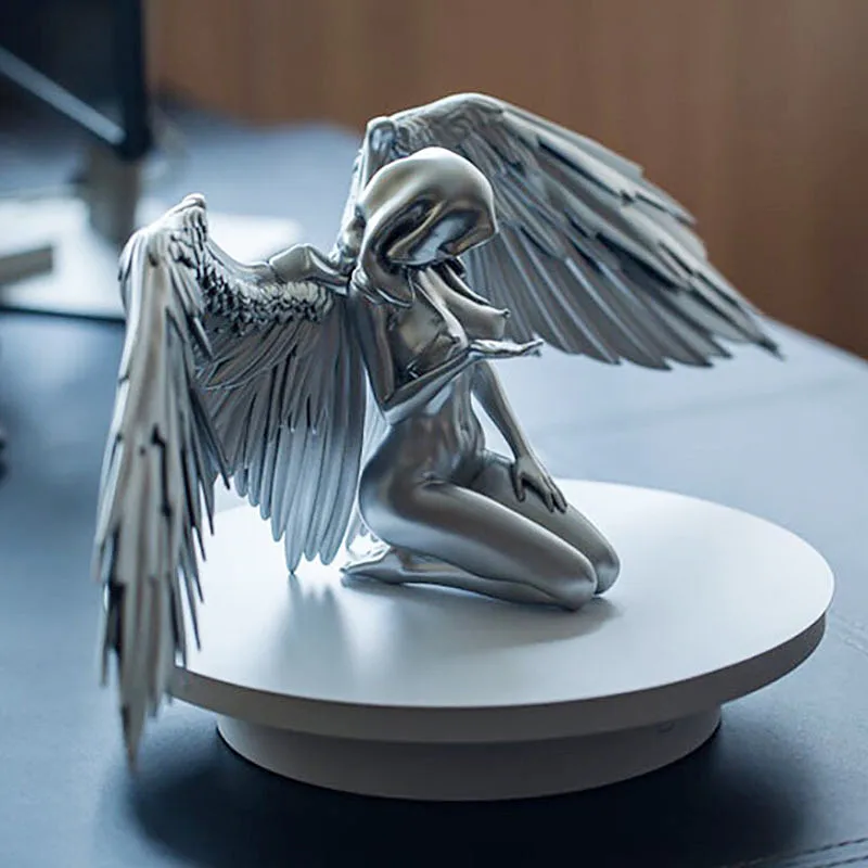 

Art Angel Female Woman Wings Kneeling Cloak Hat Angel Resin Statue Character Sculpture Desk Creative Sculpture Home Decoration