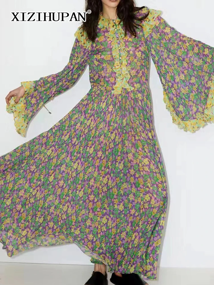 XIZIHUPAN Floral Casual Dresses For Women Round Neck Flare Sleeve High Waist Spliecd Edible Tree Fungus Folds Dress Female New