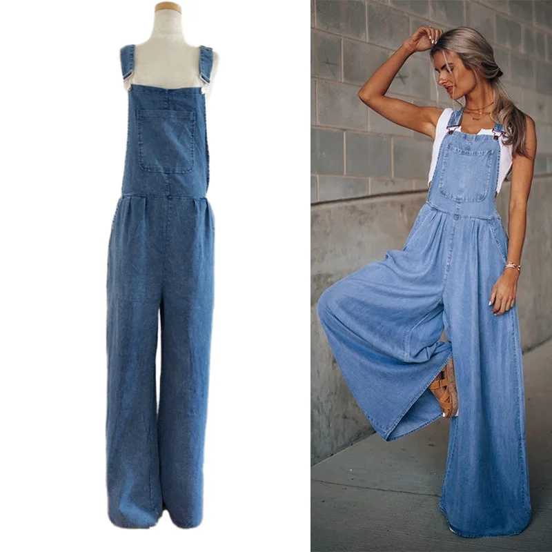 Lady Spring Summer Wide Leg Pants Cowboy Overalls Elegant Mid Waist Loose Pocket Romper Casual Solid Color Denim Jumpsuits Women