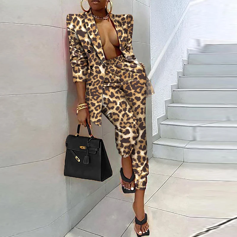 

Женский офисный комплект из 2 предметов, модный пиджак с принтом и длинные брюки-карго, Элегантный Привлекательный костюм с отложным воротн...