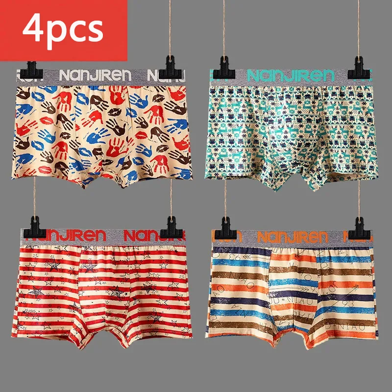 4Pcs/Lot Men's Underwear Pure Cotton Boxer Shorts Sexy Boxer Shorts Head Boys Printed Underpants
