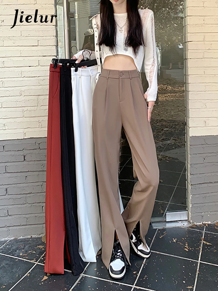 

Jielur Straight Suit Trousers Women Zipper Split Elastic Waist Black Red Pants Autumn Casual Pockets Wide Leg Pants Female S-4XL