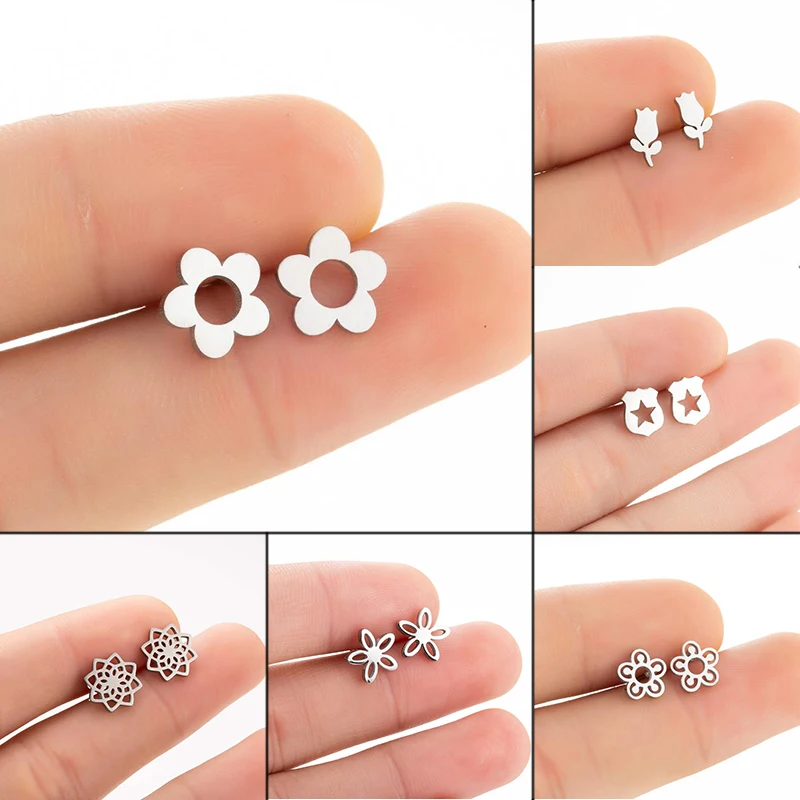 Серьги-гвоздики Shuangshuo в виде цветка из нержавеющей стали с пятью лепестками для