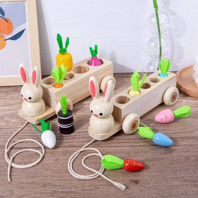 

Wooden Cartoon Rabbit Pulling Turnip Tractor Vegetable Fruit Pairing Knowledge Hand-eye Coordination Baby Early Education Toy