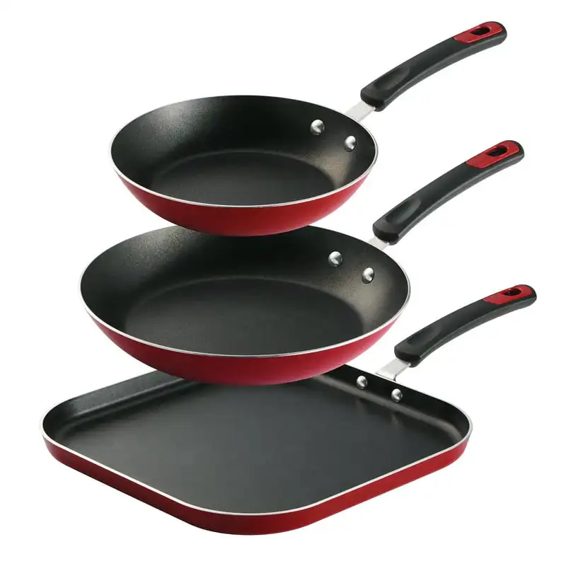 

3 Pieces Aluminum Non-stick Fry Pan and Griddle Set – Metallic Red