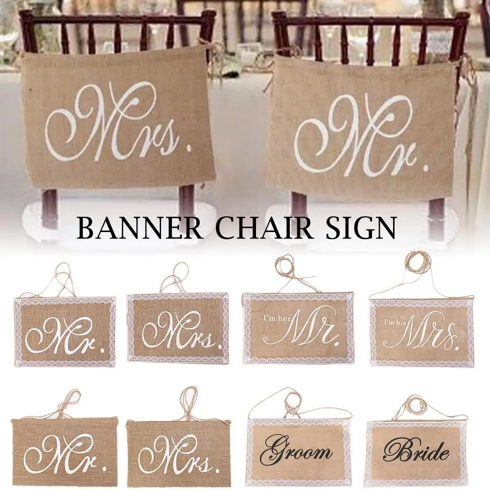 

2Pcs/set Burlap Mr. & Mrs. Chair Banners Romantic Hanging Chair Sign Flag Rustic Khaki Wedding Party Photo Prop Decoration