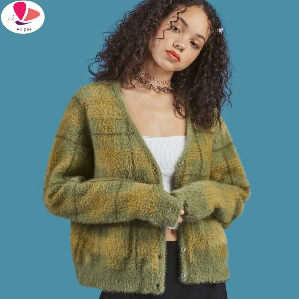 

Vintage Mohair Sweater Women Knitted Cardigans Harajuku Lazy Style Ladies V-Neck Button Fuzzy Plaid Cardigan Fluffy Knitwear Top
