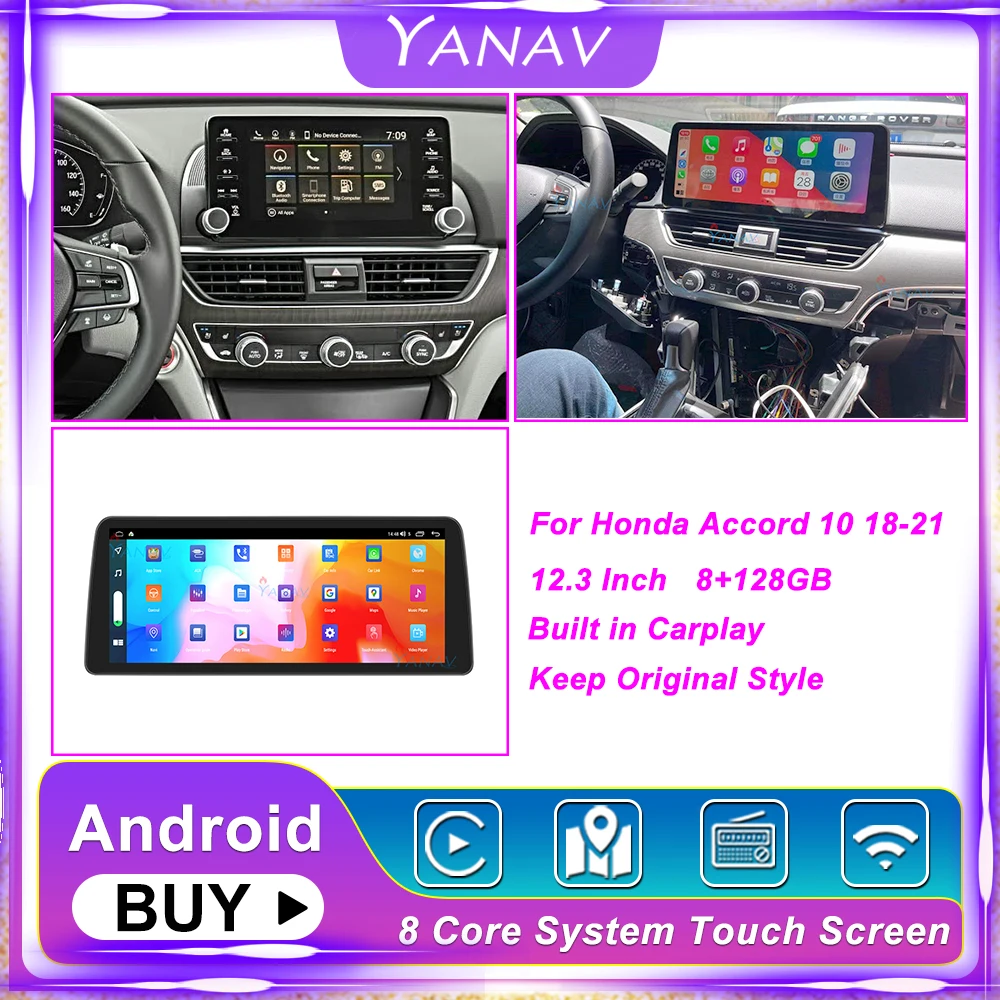 

For Honda Accord 10 2018-2021 Car Radio Carplay GPS Navigation Video 12.3 Android 10 6G 128G Multimedia Audio Player Head Unit