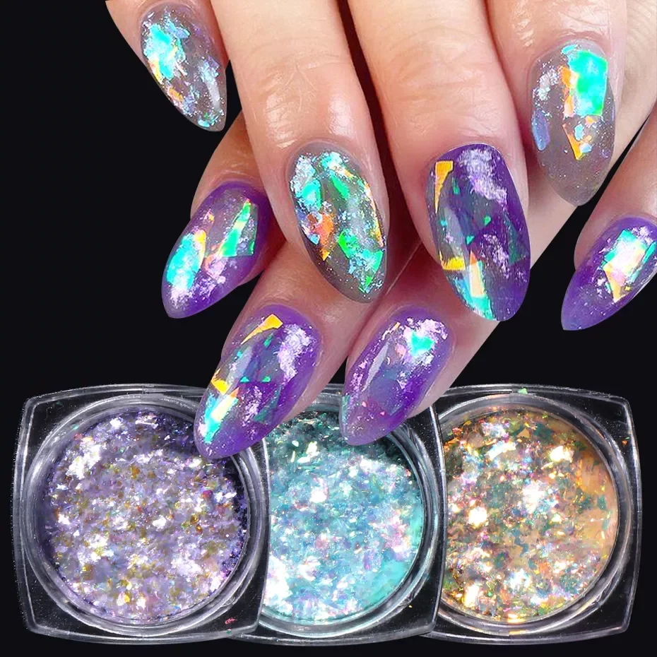 

2022New box Aurora Nail Glitter Crystal Opal Flakes Design Holo Iridescent Chrome Powder Sequins Manicure Nail Art Accessory NFO