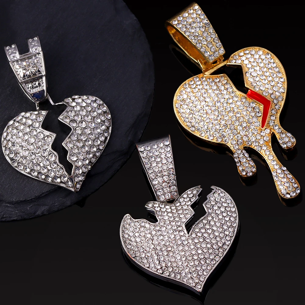 

Hip Hop Bling Broken Heart Pendant Necklaces for Women Men Gold Silver Color Iced Out Cuban Link CZ Rope Chain Necklaces Jewelry
