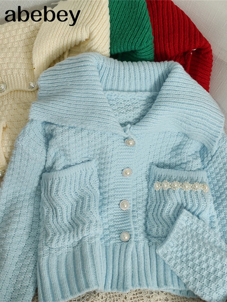 

Knitted Cardigan Winter Sweater Women 2022 Autumn New Lapel Beaded Single Breasted Pockets Korean Fashion Coat