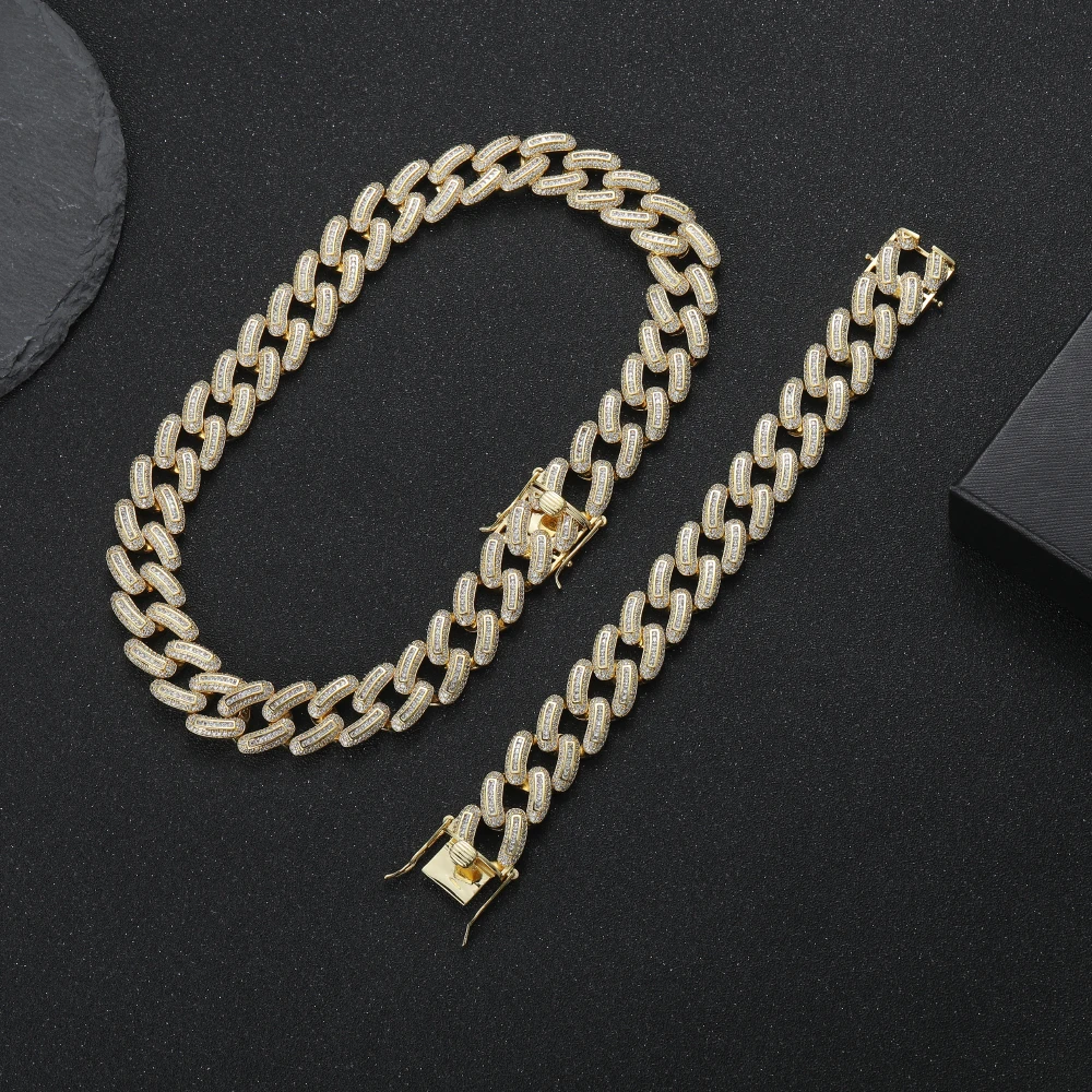 

EYIKA Hiphop Style Gold Plated Men's Jewelry Pave Baguette CZ 20mm Width Chunky Cuban Chain Bracelet Iced Out Choker Necklace