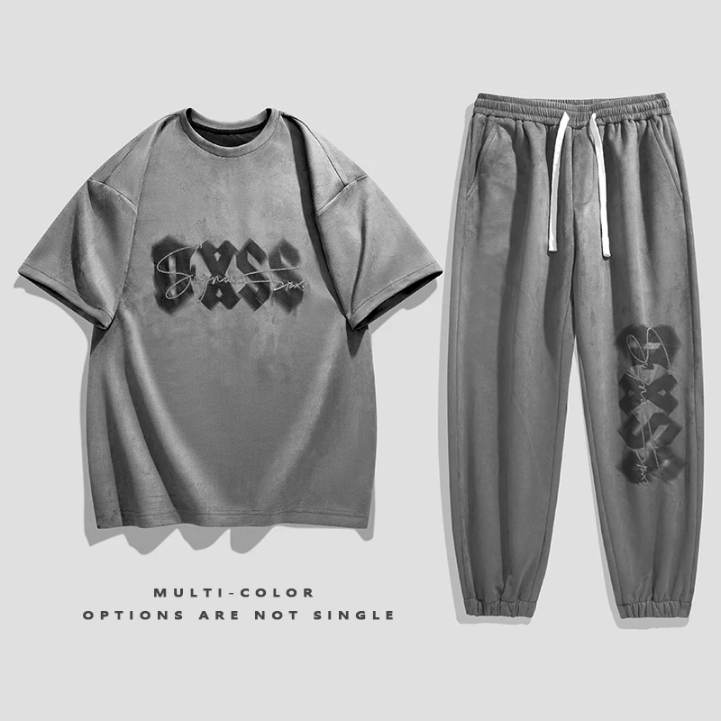 Summer Faux Suede Short Sleeve T-Shirt Letter Print +Trousers Tracksuit 2 Piece Man Fashion Hip Hop Casual Large Size Clothing