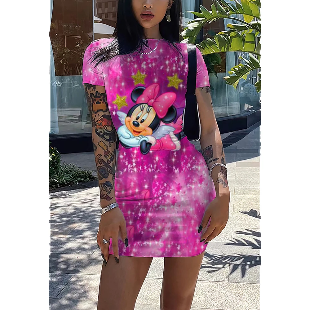 summer Disney new temperament slim dress round neck Mickey Minnie sleeve short skirt female elegant retro large size dress