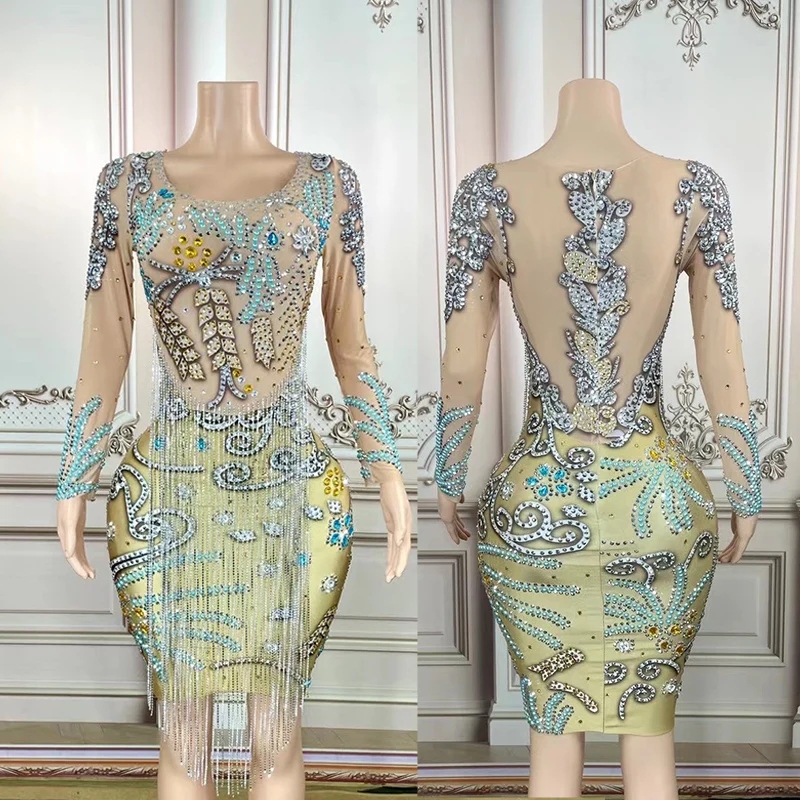 

Full Rhinestone Evening Dress Singer Performance Elegant Tassel Dress Host Stage Costume Party Rave Festival Clothing VDB5582