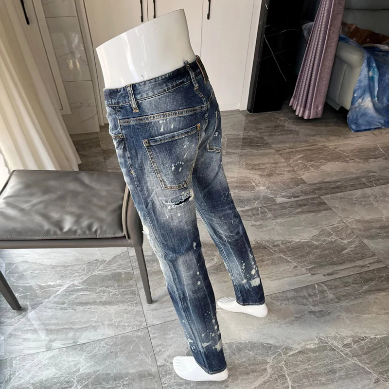 Street Fashion Men Jeans High Quality Retro Blue Elastic Slim Fit Painted Ripped Jeans Men Patched Hip Hop Brand Pants Hombre